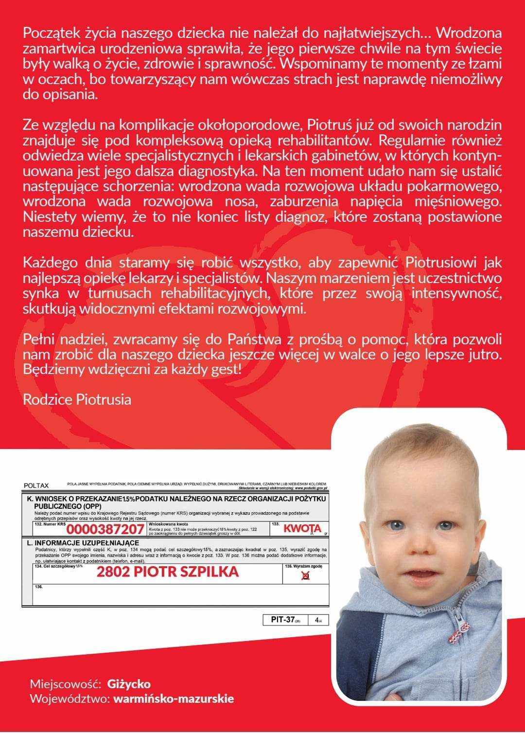 Pomóżmy Piotrusiowi Szpilce w walce o lepsze jutro – przekaż swoje 1,5% podatku