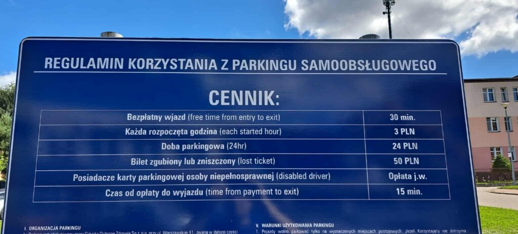 Ceny biletów za parking przy szpitalu w Giżycku