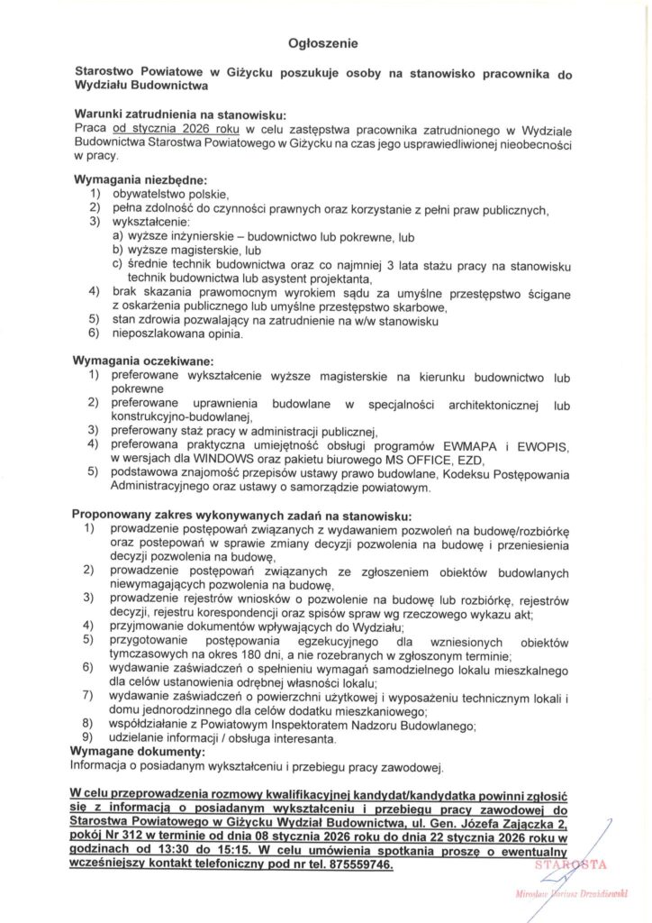 Starostwo Powiatowe w Giżycku poszukuje pracownika na zastępstwo do Wydziału Budownictwa